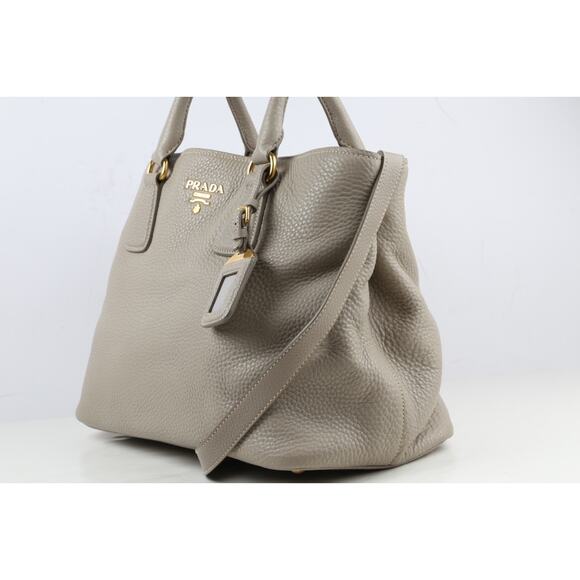 PRADA Vitello Daino Tote Taupe Gray Pebbled Grained Leather Shoulder Strap Bag - Picture 11 of 16